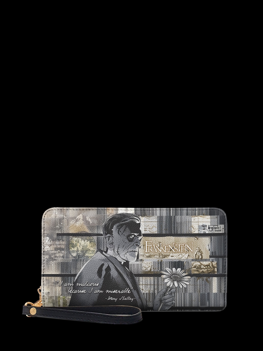 Frankenstein Graphic Zip Wristlet - Black/Gray